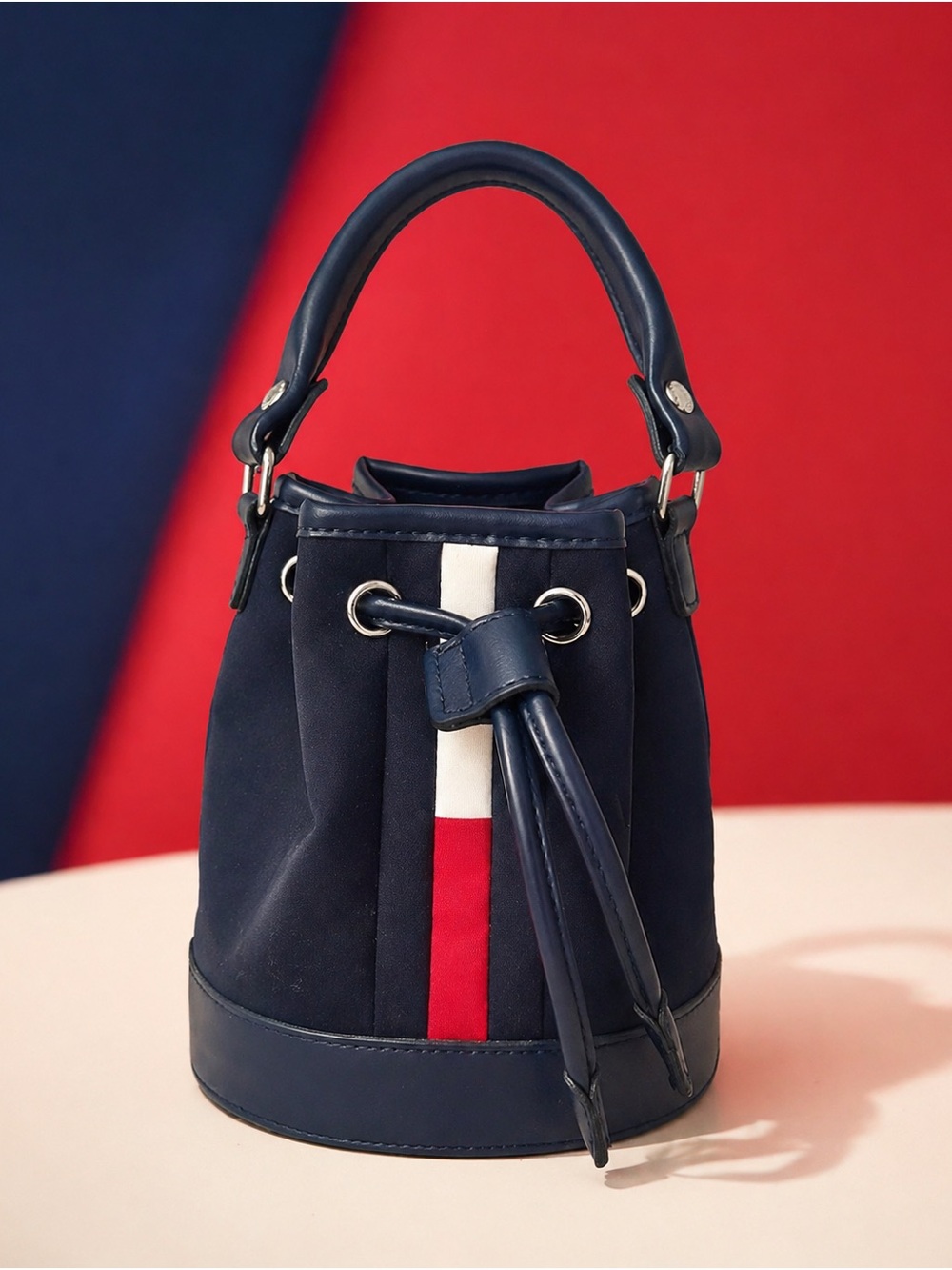 Tommy Hilfiger Vintage Navy Drawstring Bucket Bag Navy Blue Red & White Stripe - Picture 2 of 9